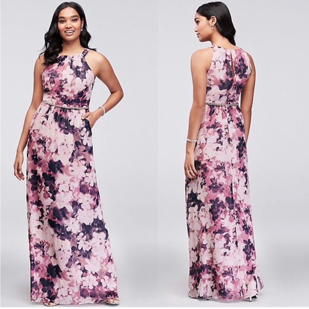 Purple and Pink High Neck Floral Formal Dress